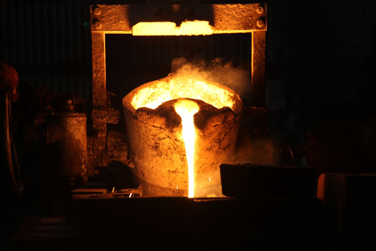 Molten steel pouring at the foundry
